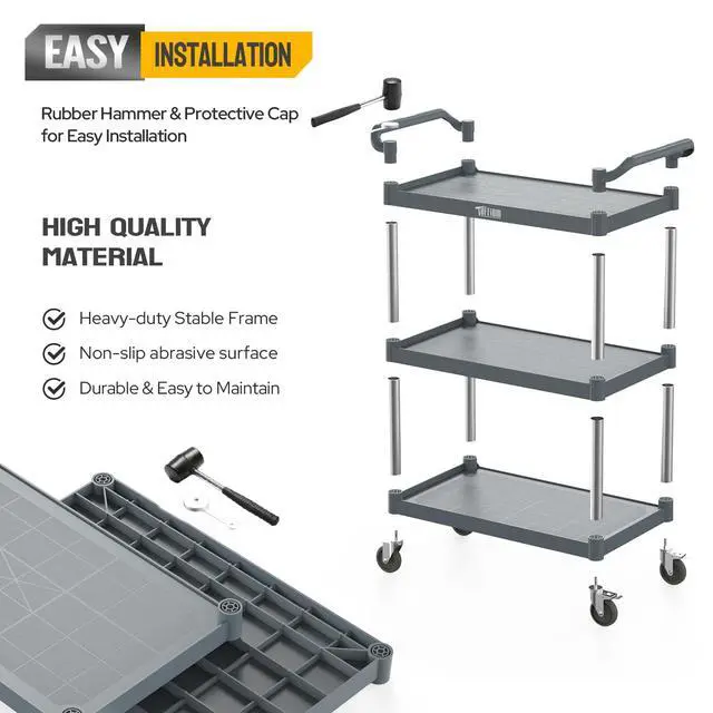 Alt view image 5 of 6 - Plastic Service Utility Cart with Wheels,Heavy Duty 450lbs Capacity, 3-Tier Commercial Rolling, Ideal for Restaurant, Foodservice, Office, Warehouse, Gray 39.8''L x 19.1''W x 38.4''H