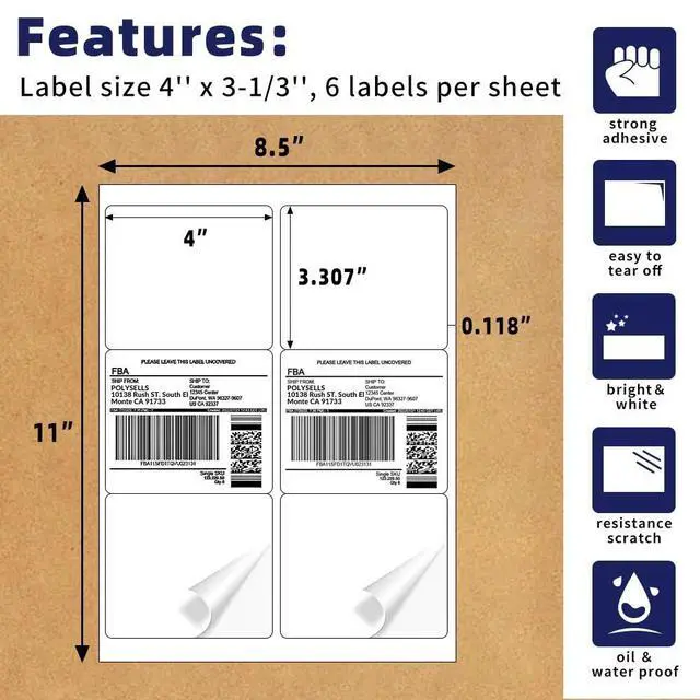 Alt view image 2 of 6 - Self Adhesive 3-1/3" x 4" Address Shipping Labels, 6UP White Sticker Labels, Inkjet/Laser Printer Compatible, 6 Labels/Sheet, 500 Sheets/3000 Labels