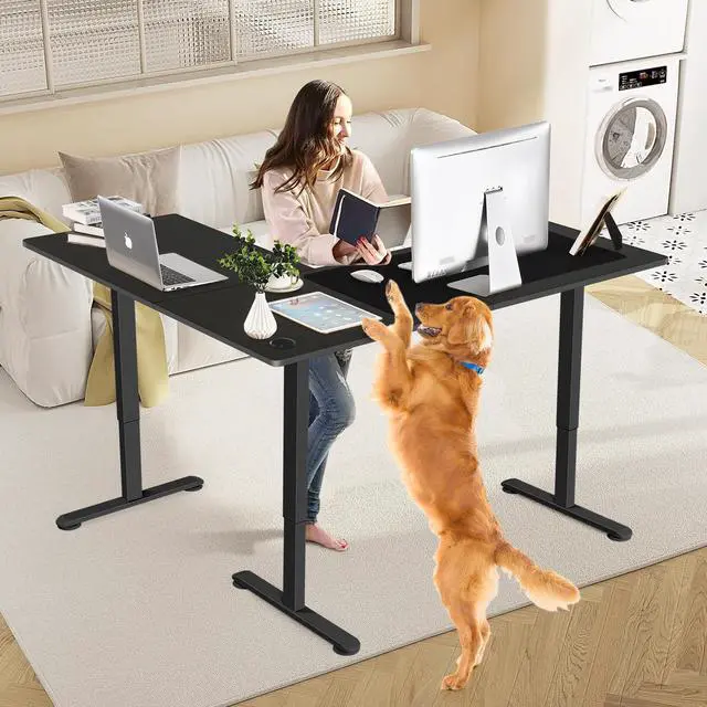 Alt view image 2 of 7 - 63 L Shaped Standing Desk,Electric Height Adjustable Corner Stand Up Desk, Ergonomic Sit Stand Home Office Computer Desk with Splice Board (Black)
