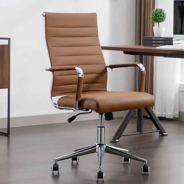Main image of Office Desk Chair Leather, Conference Room Chairs with Wheels, Executive Modern High Back Ergonomic Swivel Rolling Ribbed Computer Chair(Brown)