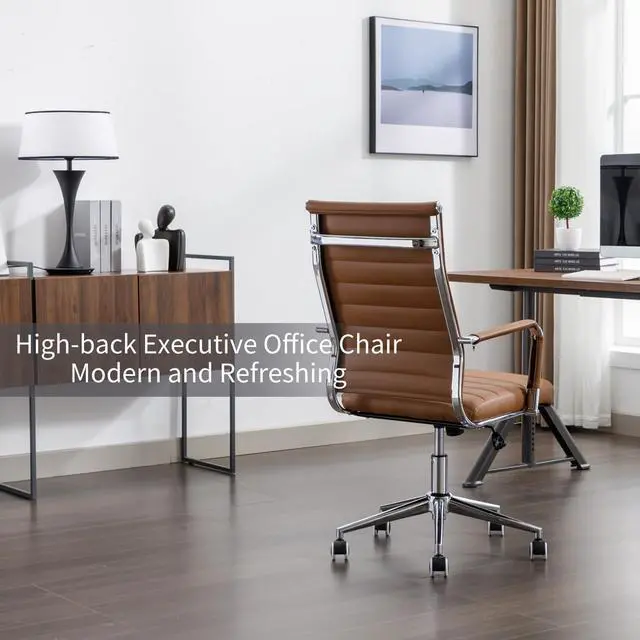Alt view image 4 of 6 - Office Desk Chair Leather, Conference Room Chairs with Wheels, Executive Modern High Back Ergonomic Swivel Rolling Ribbed Computer Chair(Brown)