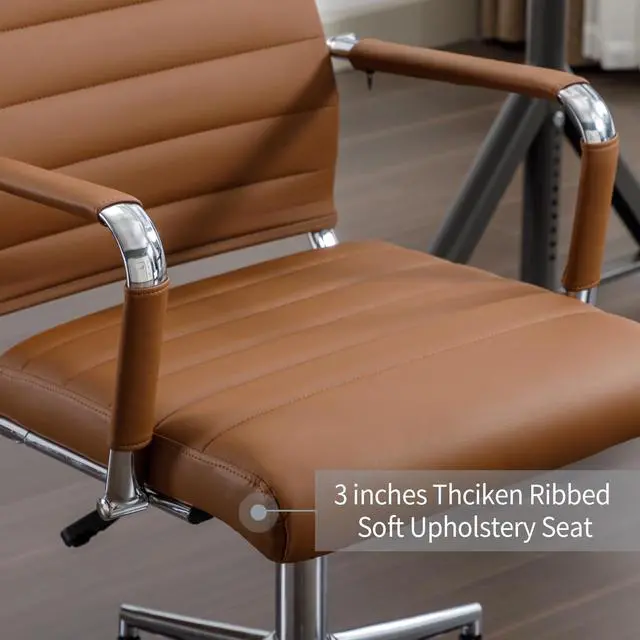 Alt view image 5 of 6 - Office Desk Chair Leather, Conference Room Chairs with Wheels, Executive Modern High Back Ergonomic Swivel Rolling Ribbed Computer Chair(Brown)