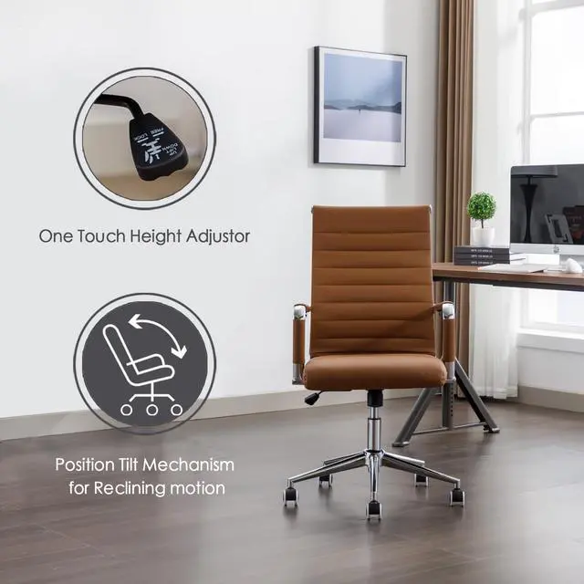 Alt view image 3 of 6 - Office Desk Chair Leather, Conference Room Chairs with Wheels, Executive Modern High Back Ergonomic Swivel Rolling Ribbed Computer Chair(Brown)