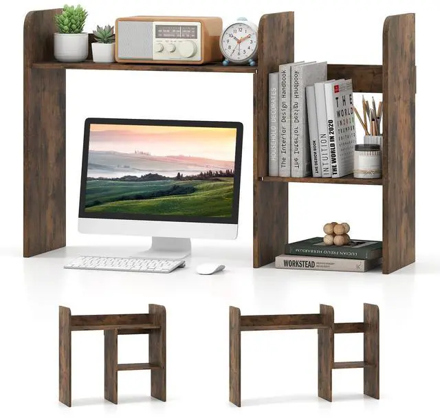 Main image of Extendable Desktop Bookshelf, Dorm Desk Hutch, Rustic Brown | Width Adjustable Countertop Storage Hutch, Open Shelves, 2-Tier Display Rack, Wooden Modern Shelf for Home Office College
