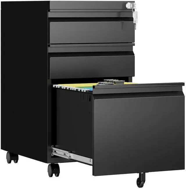 Main image of 3 Drawer Mobile File Cabinet with Lock, Rolling Filing Cabinets for Home Office, Under Desk Small File Cabinet Three Drawers for Legal/Letter/A4 File, Black - Assembly Required