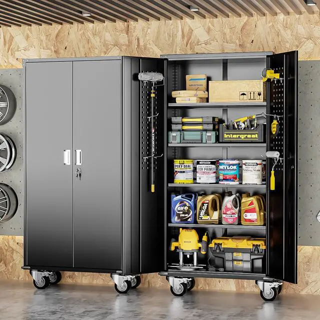 Alt view image 2 of 7 - Rolling Metal Cabinet with Wheels, 72" Locking Storage Cabinet with Adjustable Shelves, Large Capacity Pulley Cabinets for Home Office, School, Warehouse(Black)
