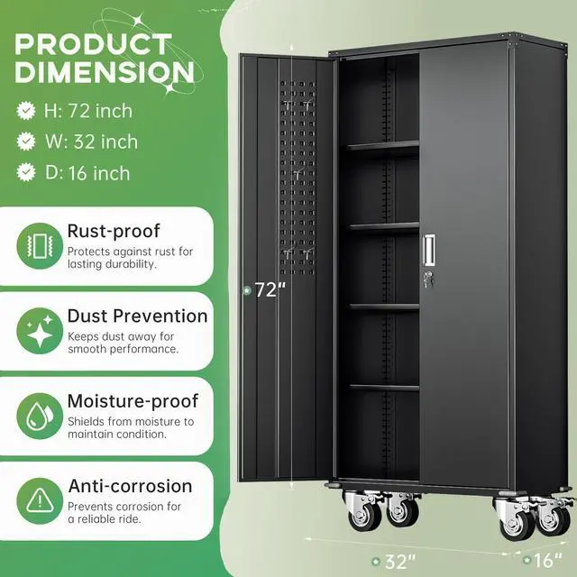 Alt view image 3 of 7 - Rolling Metal Cabinet with Wheels, 72" Locking Storage Cabinet with Adjustable Shelves, Large Capacity Pulley Cabinets for Home Office, School, Warehouse(Black)