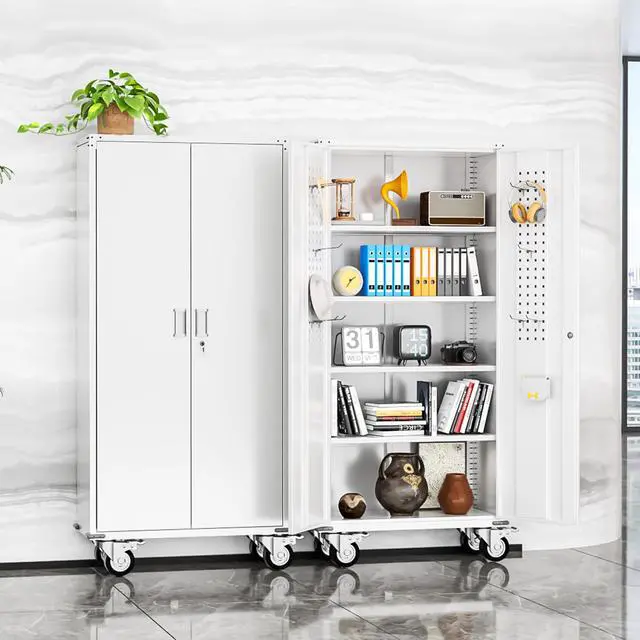 Alt view image 2 of 6 - Rolling Metal Cabinet with Wheels,72" Locking Storage Cabinet with Adjustable Shelves,Large Capacity Pulley Cabinets for Home Office,School,Garage(White)