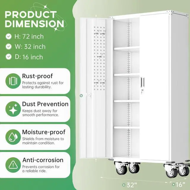 Alt view image 3 of 6 - Rolling Metal Cabinet with Wheels,72" Locking Storage Cabinet with Adjustable Shelves,Large Capacity Pulley Cabinets for Home Office,School,Garage(White)