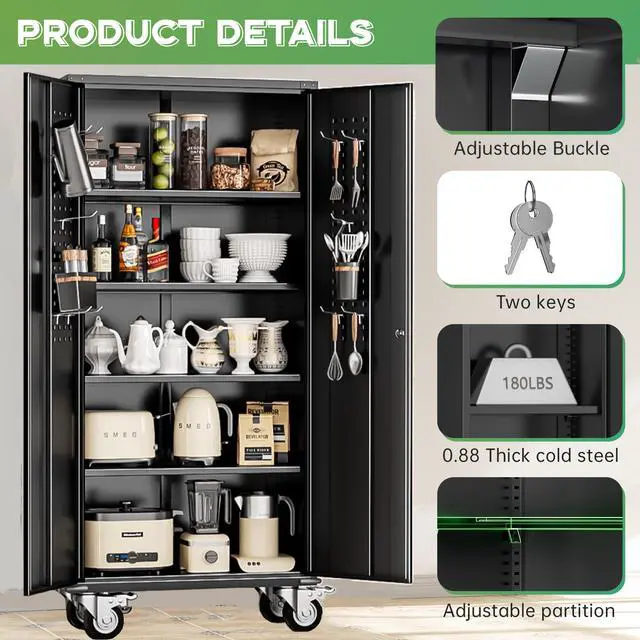 Alt view image 7 of 7 - Rolling Metal Cabinet with Wheels, 72" Locking Storage Cabinet with Adjustable Shelves, Large Capacity Pulley Cabinets for Home Office, School, Warehouse(Black)
