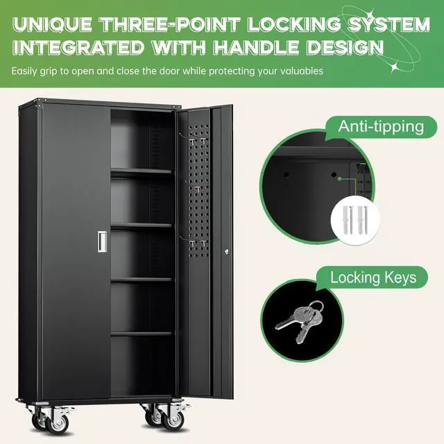 Alt view image 6 of 7 - Rolling Metal Cabinet with Wheels, 72" Locking Storage Cabinet with Adjustable Shelves, Large Capacity Pulley Cabinets for Home Office, School, Warehouse(Black)