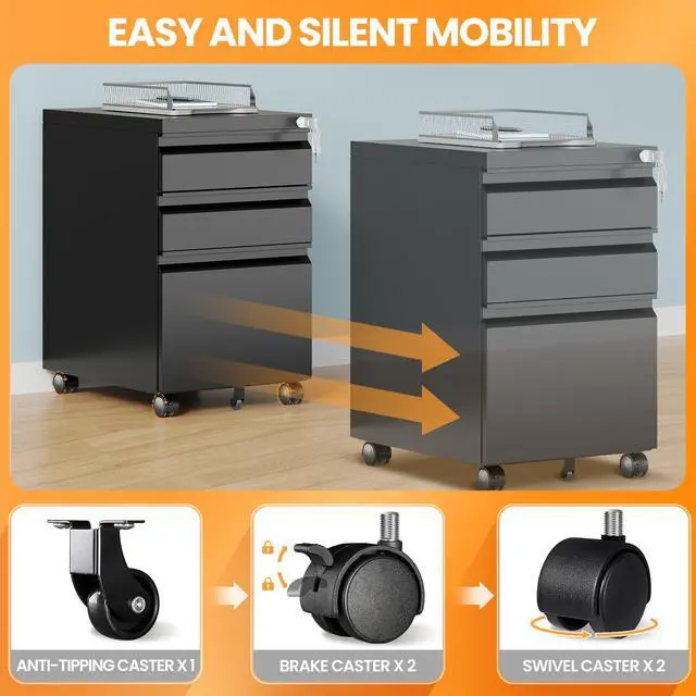 Alt view image 4 of 7 - 3 Drawer Mobile File Cabinet with Lock, Rolling Filing Cabinets for Home Office, Under Desk Small File Cabinet Three Drawers for Legal/Letter/A4 File, Black - Assembly Required