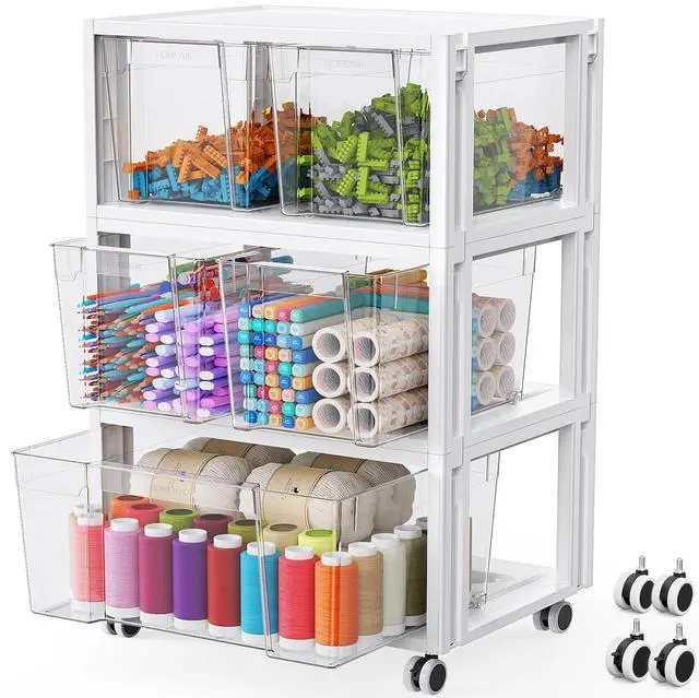 Main image of Stackable Storage Drawer Carts, Extra Large Bins 3 Tier 5 Drawers | Smooth Pull-Out Drawers, Clear Plastic Storage Organizer Container For Home Office Bedroom Bathroom Art Crafts Under Desk