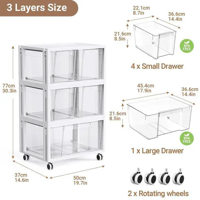 Alt view image 2 of 7 - Stackable Storage Drawer Carts, Extra Large Bins 3 Tier 5 Drawers | Smooth Pull-Out Drawers, Clear Plastic Storage Organizer Container For Home Office Bedroom Bathroom Art Crafts Under Desk