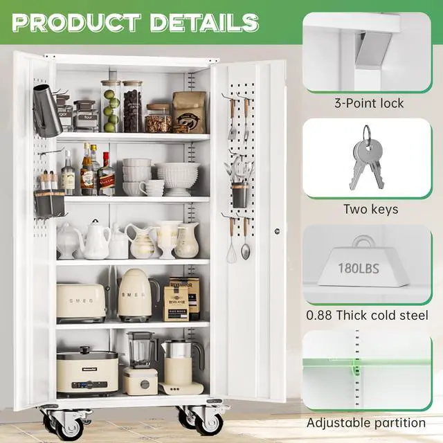 Alt view image 4 of 6 - Rolling Metal Cabinet with Wheels,72" Locking Storage Cabinet with Adjustable Shelves,Large Capacity Pulley Cabinets for Home Office,School,Garage(White)