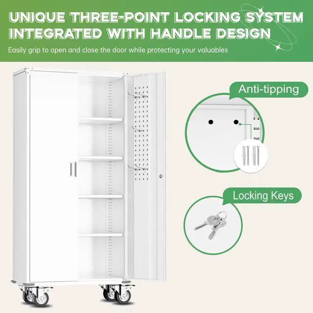 Alt view image 5 of 6 - Rolling Metal Cabinet with Wheels,72" Locking Storage Cabinet with Adjustable Shelves,Large Capacity Pulley Cabinets for Home Office,School,Garage(White)