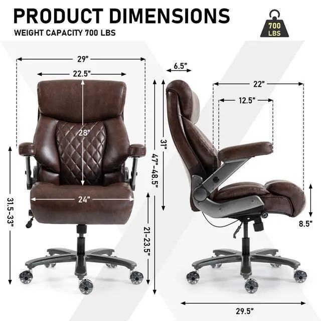 Alt view image 3 of 7 - 700LBS Heavy Duty Office Chair with 4D Armrest, Big and Tall Brown | Ergonomic Computer Chair, with Lumbar Support Airbag, Wider Thicker Seat Cushion, PU Comfy Chairs