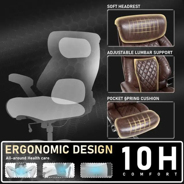 Alt view image 4 of 7 - 700LBS Heavy Duty Office Chair with 4D Armrest, Big and Tall Brown | Ergonomic Computer Chair, with Lumbar Support Airbag, Wider Thicker Seat Cushion, PU Comfy Chairs