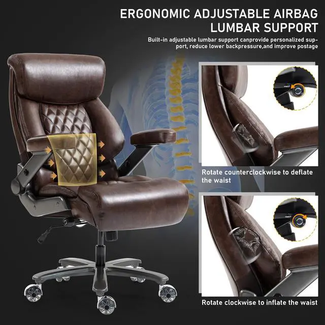 Alt view image 5 of 7 - 700LBS Heavy Duty Office Chair with 4D Armrest, Big and Tall Brown | Ergonomic Computer Chair, with Lumbar Support Airbag, Wider Thicker Seat Cushion, PU Comfy Chairs