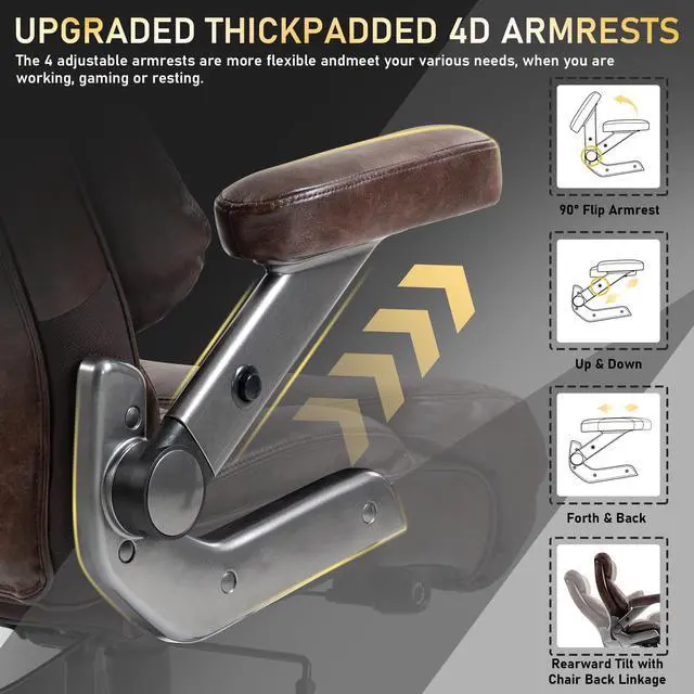 Alt view image 6 of 7 - 700LBS Heavy Duty Office Chair with 4D Armrest, Big and Tall Brown | Ergonomic Computer Chair, with Lumbar Support Airbag, Wider Thicker Seat Cushion, PU Comfy Chairs