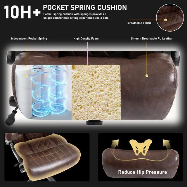 Alt view image 7 of 7 - 700LBS Heavy Duty Office Chair with 4D Armrest, Big and Tall Brown | Ergonomic Computer Chair, with Lumbar Support Airbag, Wider Thicker Seat Cushion, PU Comfy Chairs