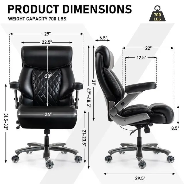 Alt view image 3 of 7 - 700LBS Heavy Duty Office Chair with 4D Armrest, Big and Tall Black | Ergonomic Computer Chair, with Lumbar Support Airbag, Wider Thicker Seat Cushion, PU Comfy Chairs