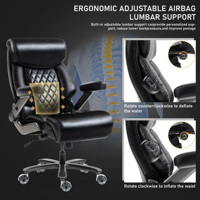 Alt view image 5 of 7 - 700LBS Heavy Duty Office Chair with 4D Armrest, Big and Tall Black | Ergonomic Computer Chair, with Lumbar Support Airbag, Wider Thicker Seat Cushion, PU Comfy Chairs