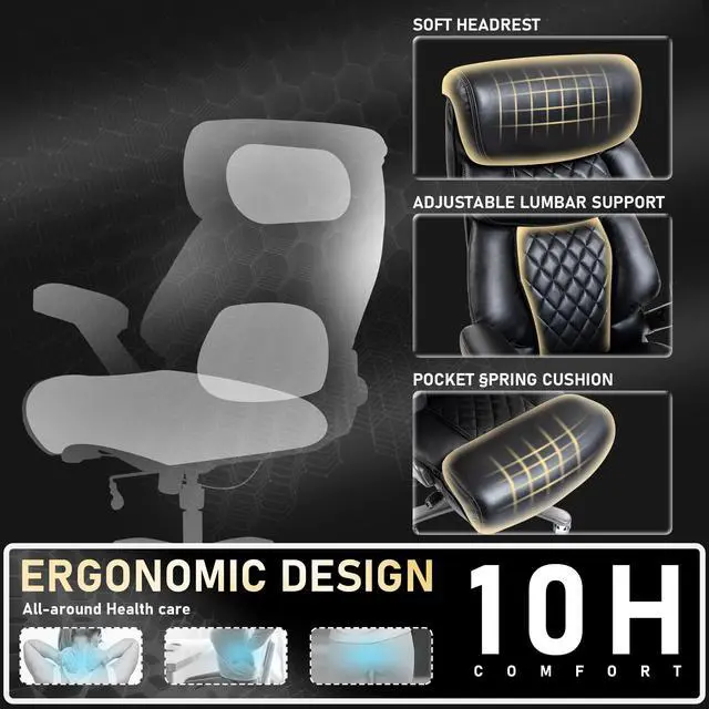Alt view image 4 of 7 - 700LBS Heavy Duty Office Chair with 4D Armrest, Big and Tall Black | Ergonomic Computer Chair, with Lumbar Support Airbag, Wider Thicker Seat Cushion, PU Comfy Chairs