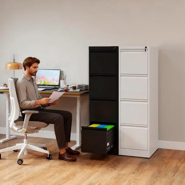 Alt view image 3 of 7 - 4 Drawer File Cabinet with Lock, Vertical Filing Cabinets for Home Office, Metal Storage Cabinets, Heavy Duty File Cabinet for Letter/Legal/A4/F4 Size Amsseble Required, White