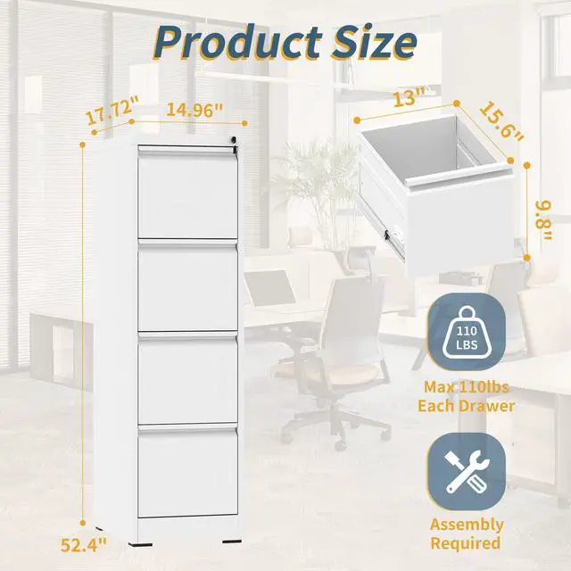 Alt view image 2 of 7 - 4 Drawer File Cabinet with Lock, Vertical Filing Cabinets for Home Office, Metal Storage Cabinets, Heavy Duty File Cabinet for Letter/Legal/A4/F4 Size Amsseble Required, White
