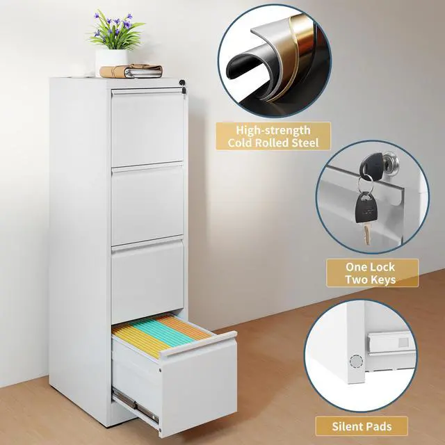 Alt view image 4 of 7 - 4 Drawer File Cabinet with Lock, Vertical Filing Cabinets for Home Office, Metal Storage Cabinets, Heavy Duty File Cabinet for Letter/Legal/A4/F4 Size Amsseble Required, White
