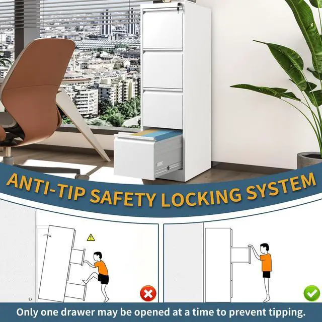 Alt view image 5 of 7 - 4 Drawer File Cabinet with Lock, Vertical Filing Cabinets for Home Office, Metal Storage Cabinets, Heavy Duty File Cabinet for Letter/Legal/A4/F4 Size Amsseble Required, White