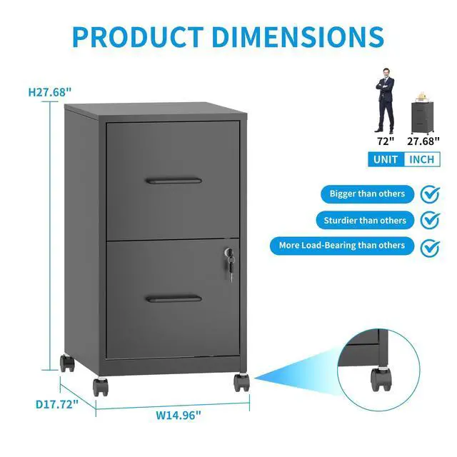 Alt view image 3 of 6 - 2-Drawer Mobile File Cabinet with Lock and Wheels | Under Desk Vertical Filing Cabinets Steel Rolling Storage Cabinet for Home Office Letter Files, Require Assembly