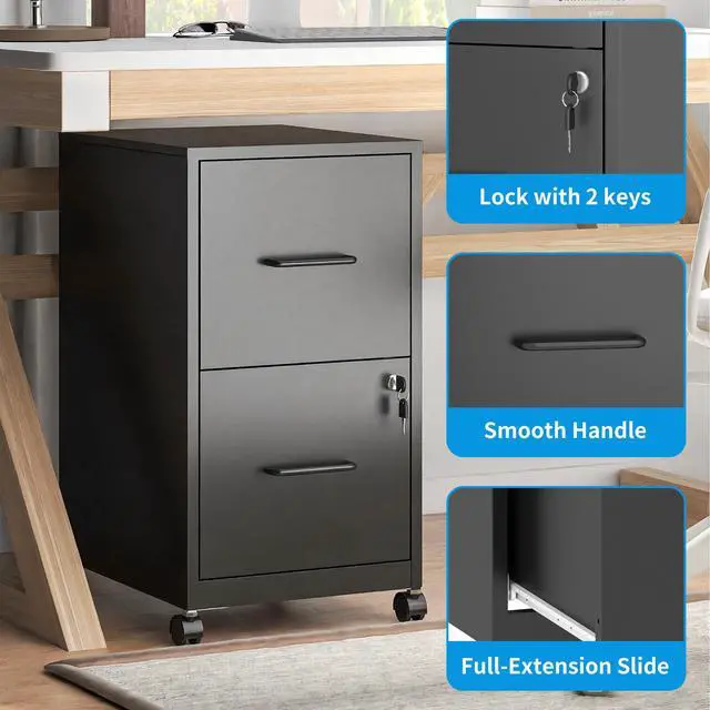 Alt view image 4 of 6 - 2-Drawer Mobile File Cabinet with Lock and Wheels | Under Desk Vertical Filing Cabinets Steel Rolling Storage Cabinet for Home Office Letter Files, Require Assembly