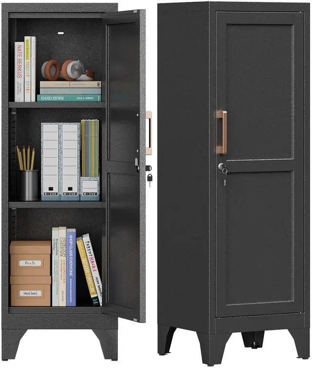 Main image of 46"H Black Metal Locker with 1 Lockable Door and 2 Adjustable Shelves For Employees, 3 Tier Small Storage Cabinet with Detachable Legs and Vintage Handle for Kitchen,Office,Gym,School,Easy Assembly