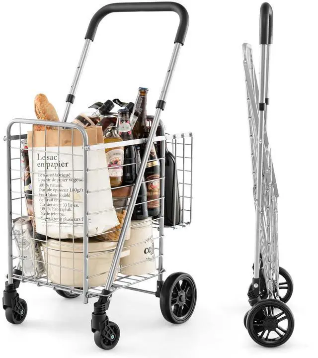 Main image of Folding Shopping Utility Cart, Double Basket and 360° Swivel Wheels, Adjustable Handle, Small Cart Perfect for Grocery Laundry Book Luggage Travel