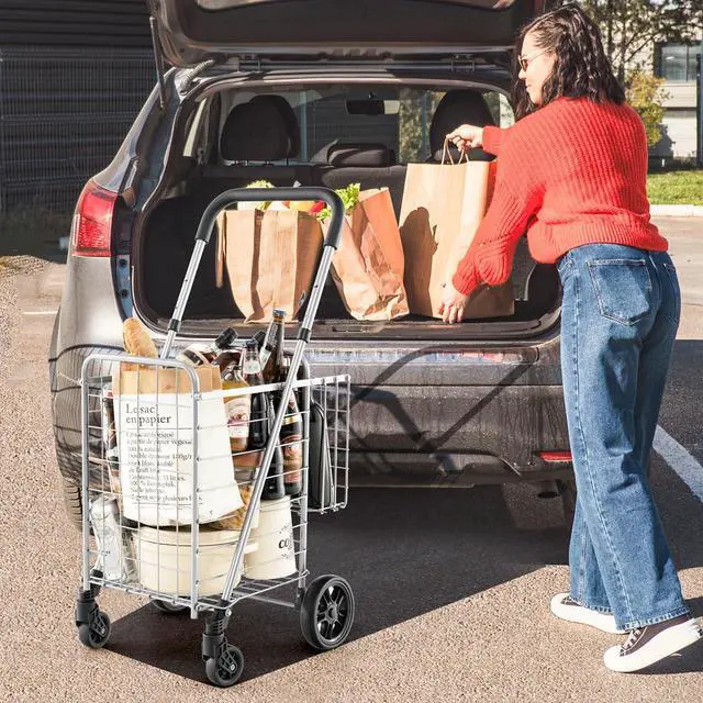Alt view image 2 of 7 - Folding Shopping Utility Cart, Double Basket and 360° Swivel Wheels, Adjustable Handle, Small Cart Perfect for Grocery Laundry Book Luggage Travel