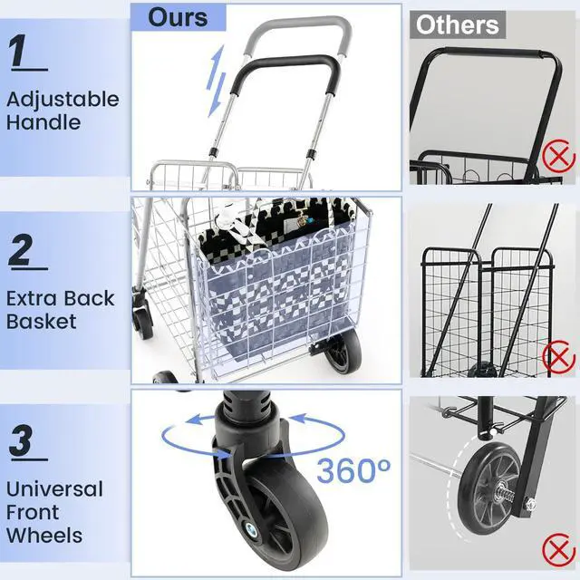 Alt view image 3 of 7 - Folding Shopping Utility Cart, Double Basket and 360° Swivel Wheels, Adjustable Handle, Small Cart Perfect for Grocery Laundry Book Luggage Travel