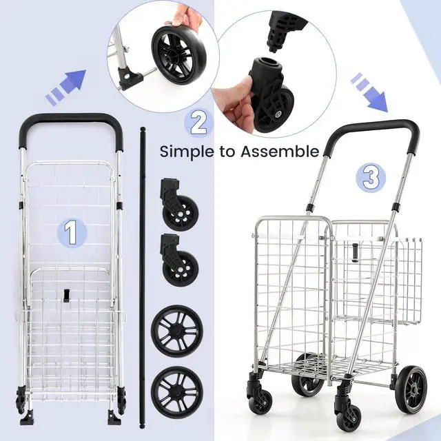 Alt view image 5 of 7 - Folding Shopping Utility Cart, Double Basket and 360° Swivel Wheels, Adjustable Handle, Small Cart Perfect for Grocery Laundry Book Luggage Travel