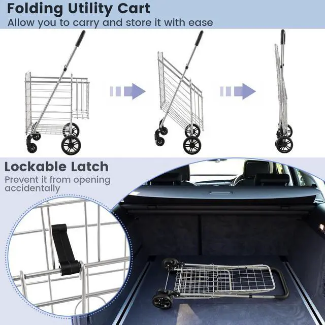 Alt view image 4 of 7 - Folding Shopping Utility Cart, Double Basket and 360° Swivel Wheels, Adjustable Handle, Small Cart Perfect for Grocery Laundry Book Luggage Travel