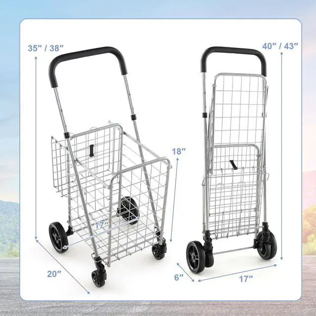 Alt view image 7 of 7 - Folding Shopping Utility Cart, Double Basket and 360° Swivel Wheels, Adjustable Handle, Small Cart Perfect for Grocery Laundry Book Luggage Travel