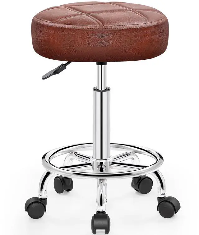 Main image of PU Leather Rolling Stool with Wheels, Adjustable Swivel Stool with Footrest, 360° Rolling Stool for Tattoo, Salon, Massage, Medical, Office, Home Kitchen, Vintage Rust