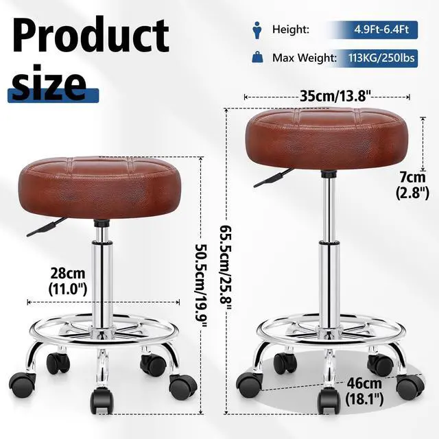 Alt view image 2 of 7 - PU Leather Rolling Stool with Wheels, Adjustable Swivel Stool with Footrest, 360° Rolling Stool for Tattoo, Salon, Massage, Medical, Office, Home Kitchen, Vintage Rust