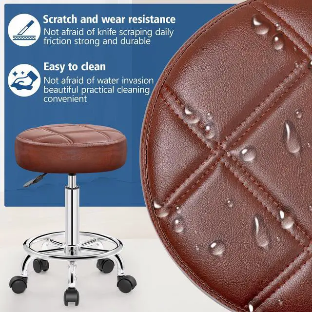 Alt view image 3 of 7 - PU Leather Rolling Stool with Wheels, Adjustable Swivel Stool with Footrest, 360° Rolling Stool for Tattoo, Salon, Massage, Medical, Office, Home Kitchen, Vintage Rust
