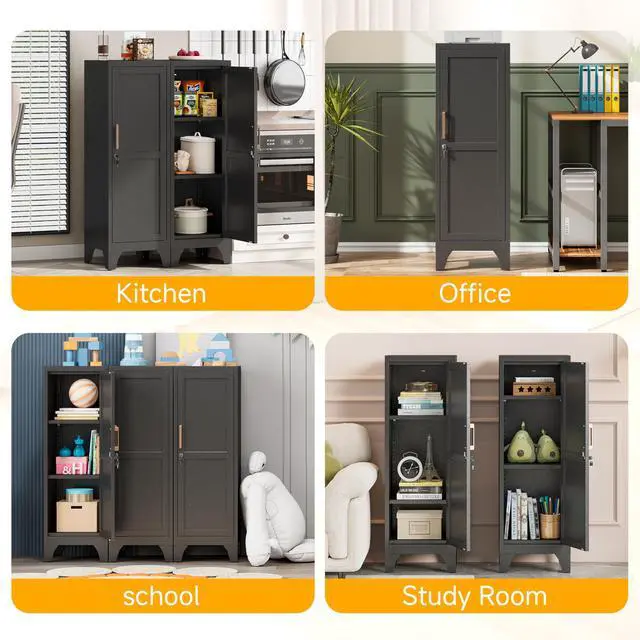 Alt view image 7 of 7 - 46"H Black Metal Locker with 1 Lockable Door and 2 Adjustable Shelves For Employees, 3 Tier Small Storage Cabinet with Detachable Legs and Vintage Handle for Kitchen,Office,Gym,School,Easy Assembly