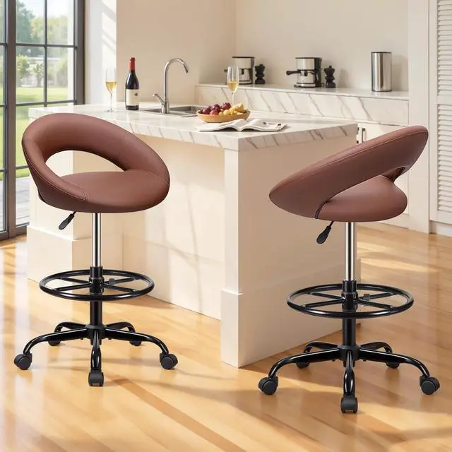 Alt view image 2 of 7 - Office Drafting Chair, Adjustable Counter Height Rolling Stool | Swivel PU Leather Stool with Wheels & Foot Rest for Home Office, Standing Desk Kitchen Garage Salon Shop Vanity, Brown 2 Pack