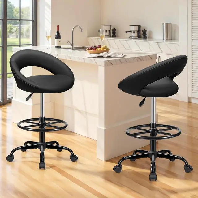 Alt view image 2 of 7 - Office Drafting Chair, Counter Height Barstools with Back Support | Shop Rolling Swivel Chair for Standing Desk with Foot Rest & Wheels, Kitchen Island Salon Home Vanity Garage, Black 2 Pack