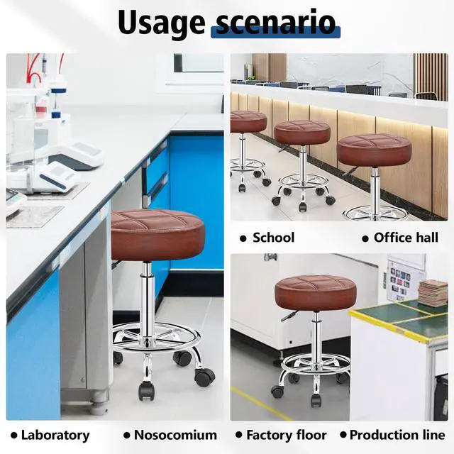 Alt view image 6 of 7 - PU Leather Rolling Stool with Wheels, Adjustable Swivel Stool with Footrest, 360° Rolling Stool for Tattoo, Salon, Massage, Medical, Office, Home Kitchen, Vintage Rust