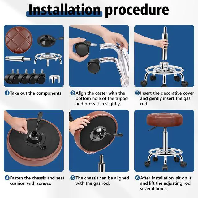 Alt view image 7 of 7 - PU Leather Rolling Stool with Wheels, Adjustable Swivel Stool with Footrest, 360° Rolling Stool for Tattoo, Salon, Massage, Medical, Office, Home Kitchen, Vintage Rust