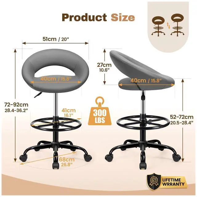 Alt view image 3 of 7 - Ergonomic Drafting Chair, Height Adjustable Rolling Stool, Gray | 360° Swivel PU Leather Stool with Wheels & Foot Rest for Home Office, Standing Desk Kitchen Garage Salon Shop Vanity, 2 Pack